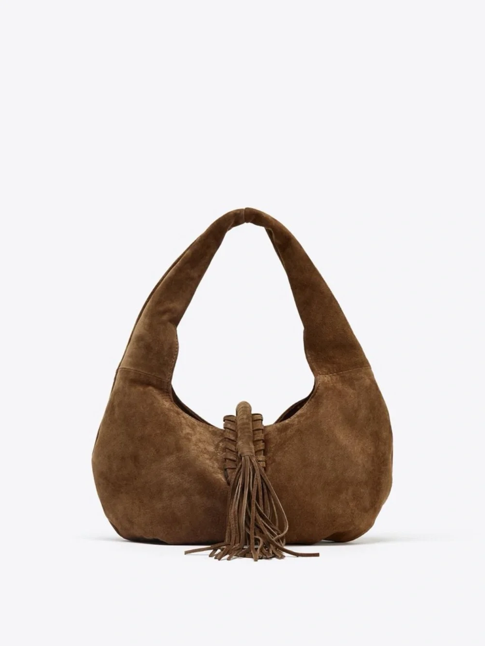 Zara Natural Suede Braided-Trim Fringe Hobo Bag in Brown